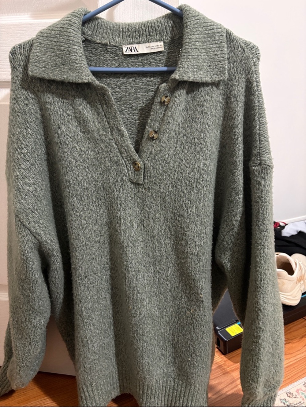 ZARA Olive Knit V-Neck Polo Sweater